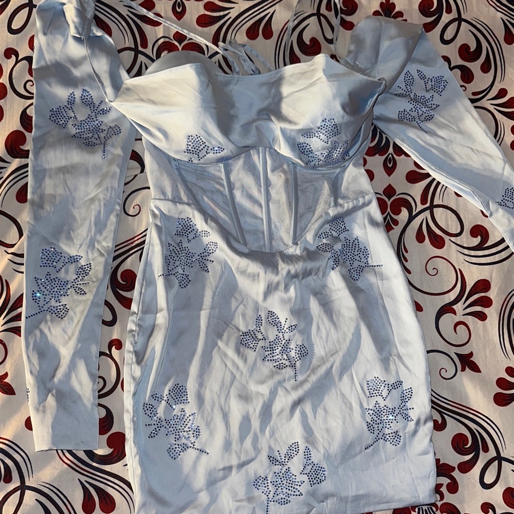 Oh Polly Light Blue Mini Dress with Blue Floral Accents